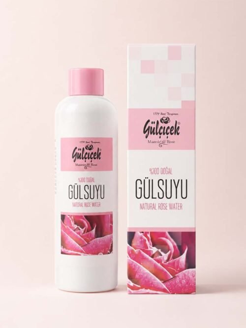 Gül bahçesinde Gülçiçek 400 ml doğal gül suyu şişesi ve kutusu