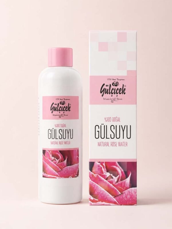 Gül bahçesinde Gülçiçek 400 ml doğal gül suyu şişesi ve kutusu