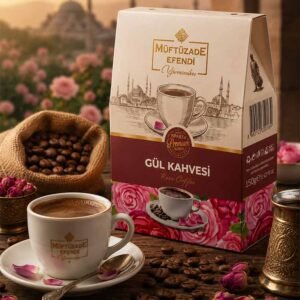 Müftüzade Efendi 150 g Gül Kahvesi kutusu ve fincan sunumu