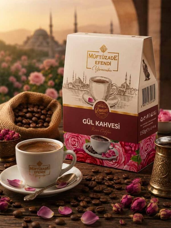 Müftüzade Efendi 150 g Gül Kahvesi kutusu ve fincan sunumu
