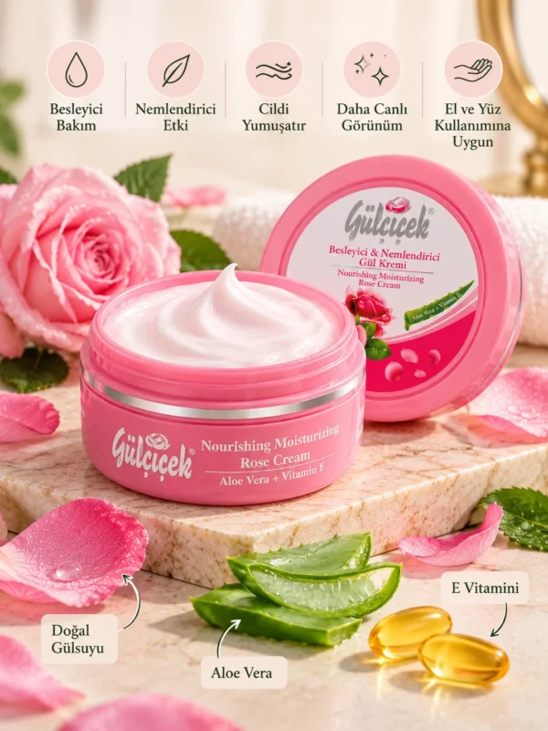 Gülçiçek Aloe Vera gül kremi doğal gülsuyu ve E vitamini içerikli bakım