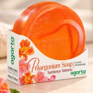 Agarta Doğal Sardunya Sabunu 150 g turuncu sabun ve çiçek desenli ambalaj