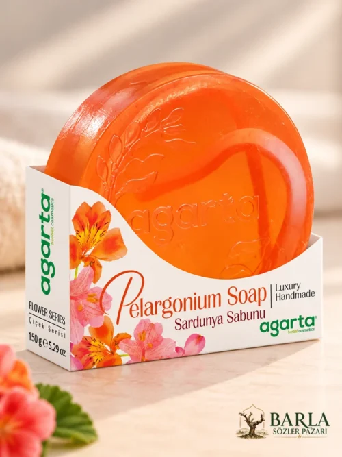 Agarta Doğal Sardunya Sabunu 150 g turuncu sabun ve çiçek desenli ambalaj