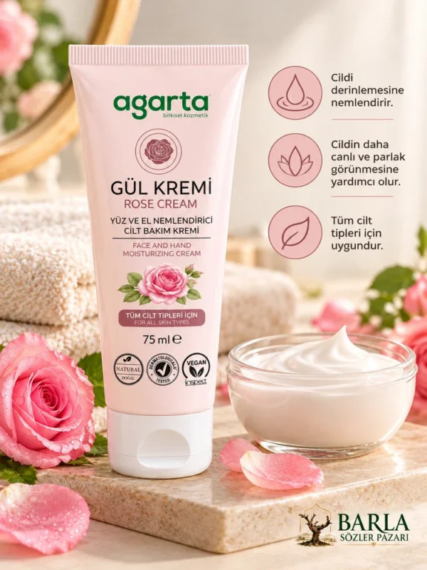 Agarta Doğal Gül Kremi 75 ml yüz ve el nemlendirici cilt bakım kremi