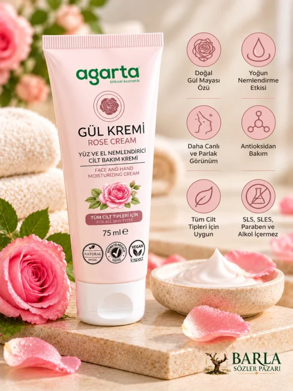 Agarta Doğal Gül Kremi 75 ml yüz ve el nemlendirici cilt bakım kremi
