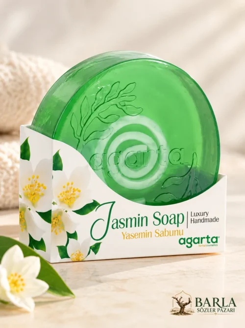 Agarta Doğal Çiçek Bahçesi Yasemin Sabunu 150 Gr yeşil kalıp sabun ve ambalajı