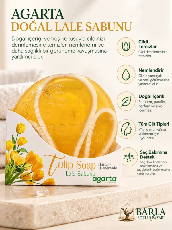 Agarta Doğal Lale Sabunu 150 g sarı yuvarlak sabun yakın plan görünümü