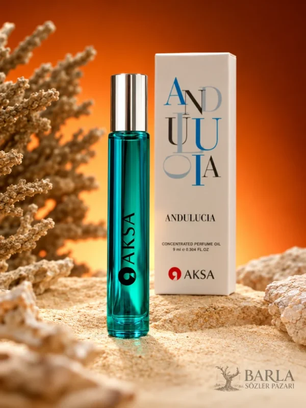 Aksa Andulucia 9 ml Roll-On Esans kutusu ve turkuaz şişesi