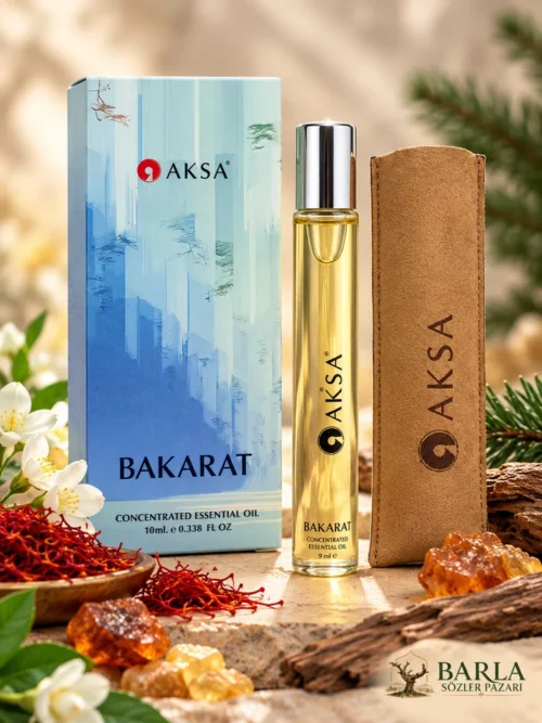Aksa BAKARAT 9 ml Roll-On Esans kutusu, şişesi ve kahverengi taşıma kılıfı