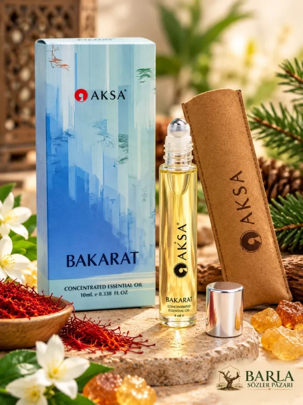 Aksa BAKARAT Roll-On Esans şişesi, açık bilyeli başlığı ve kahverengi kılıfı