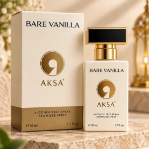 Aksa Bare Vanilla 50 ml alkolsüz parfüm spreyi kutusu ve şişesi