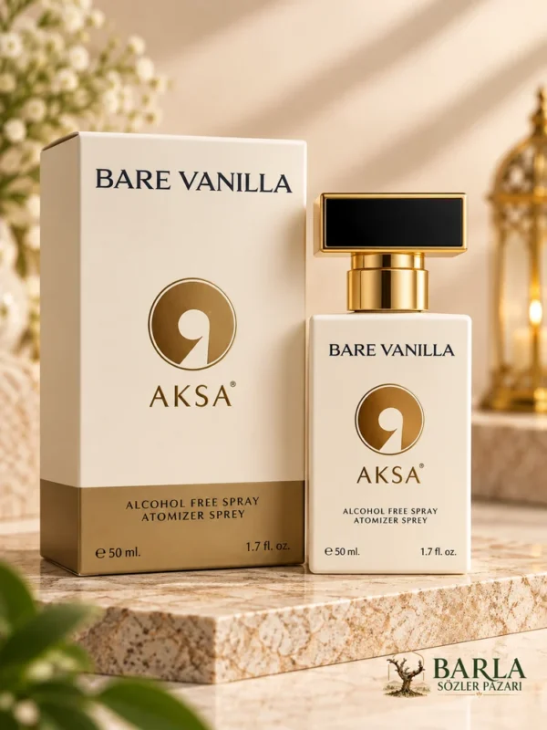 Aksa Bare Vanilla 50 ml alkolsüz parfüm spreyi kutusu ve şişesi