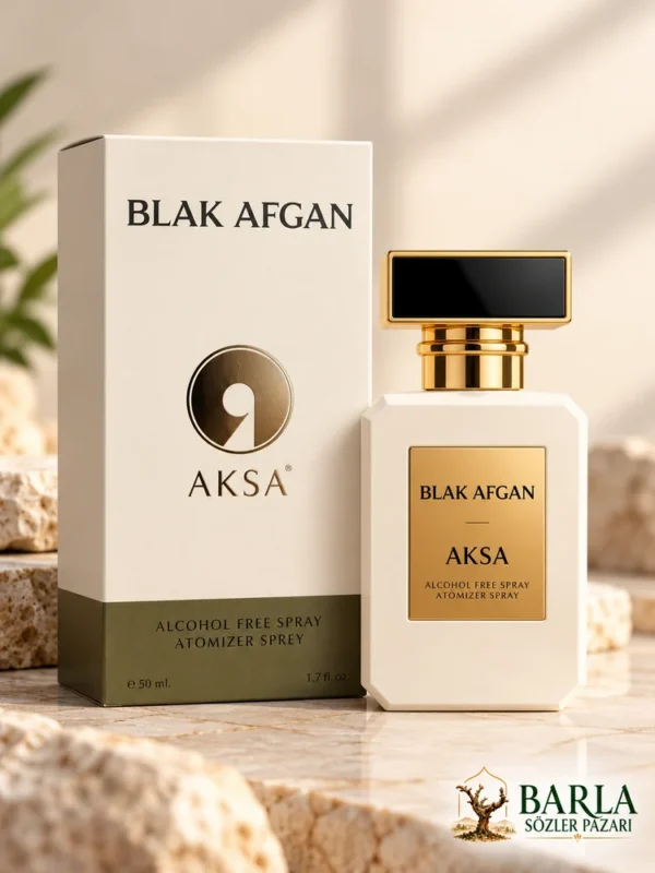 Aksa Blak Afgan 50 ml alkolsüz parfüm spreyi kutusu ve şişesi