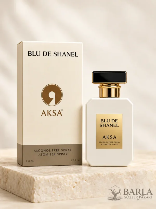 Aksa Blu De Shanel 50 ml alkolsüz parfüm spreyi kutusu ve şişesi