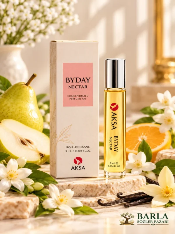 Aksa BYDAY NECTAR 9 ml Roll-On Esans pembe etiketli kutusu ve şişesi