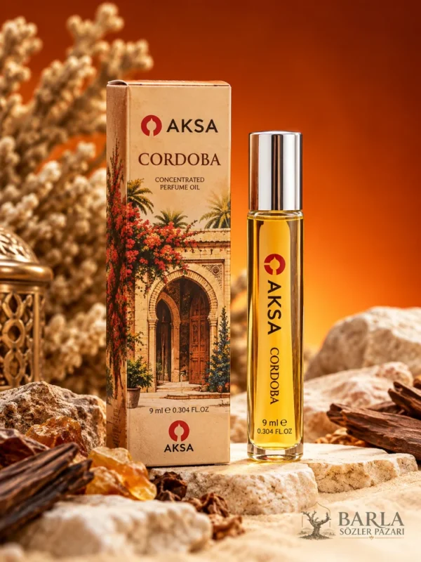 Aksa Cordoba 9 ml Roll-On Esans kutusu ve kahverengi kılıflı şişesi