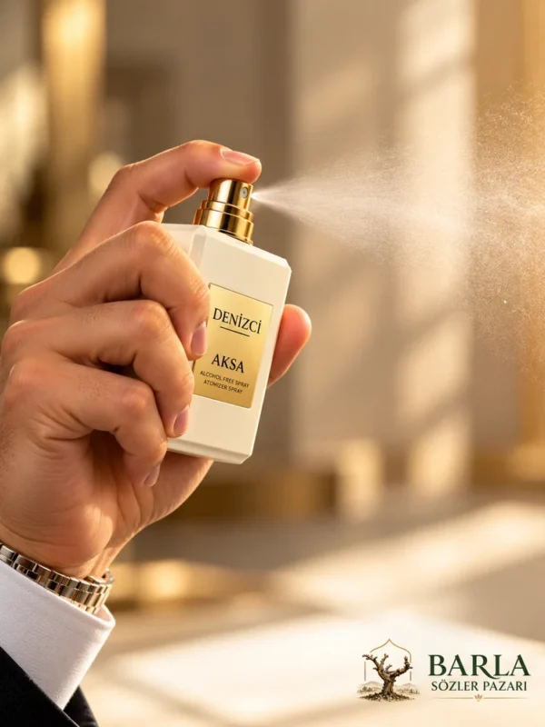 Aksa Denizci 50 ml alkolsüz parfüm spreyini elinde tutarak kullanan kişi