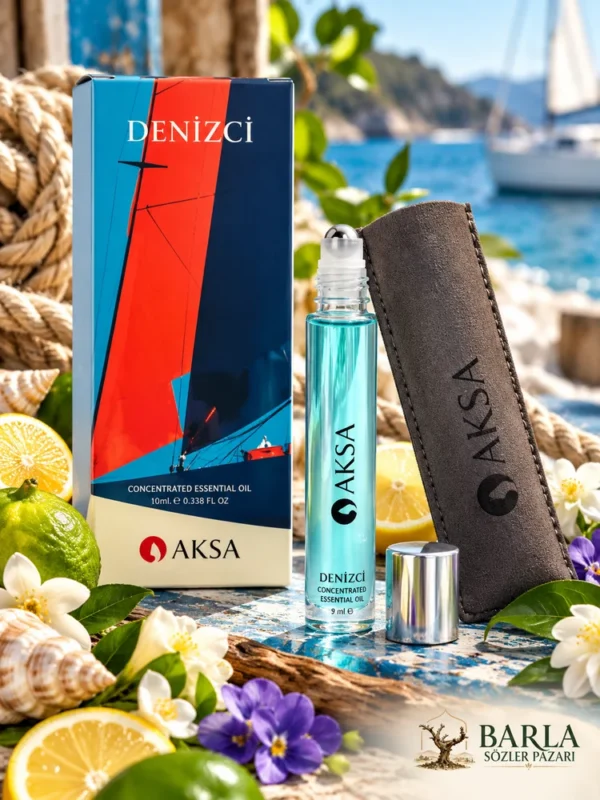 Aksa DENİZCİ Roll-On Esans kutusu, turkuaz şişesi ve taşıma kılıfı