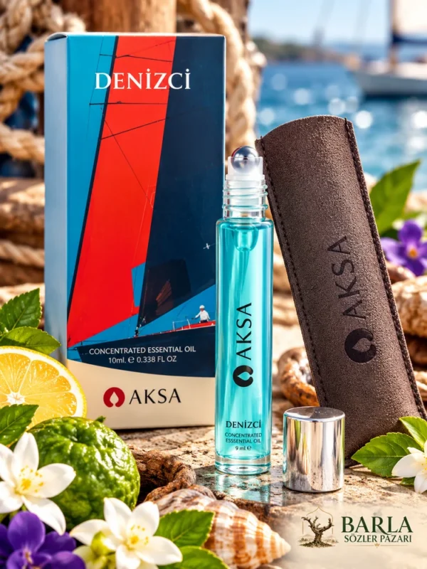 Aksa DENİZCİ 9 ml Roll-On Esans şişesi, bilyeli başlığı ve ambalaj detayı