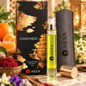 Aksa Ganymed Roll-on Esans 9 ml siyah kutusu ve gri kılıflı şişesi