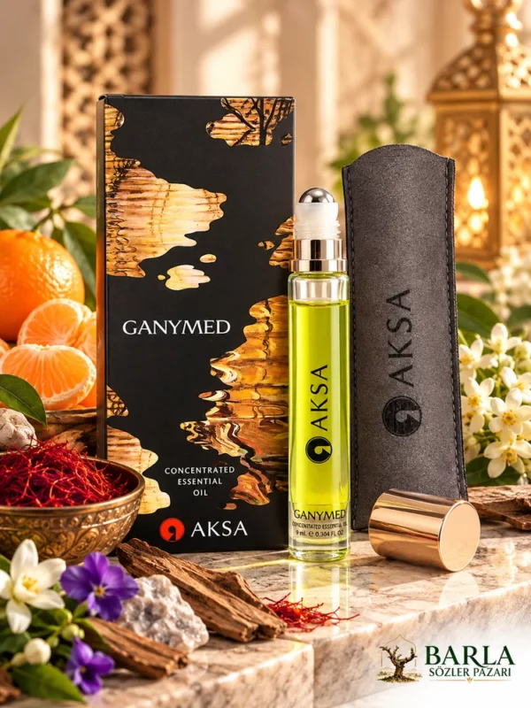 Aksa Ganymed Roll-on Esans 9 ml siyah kutusu ve gri kılıflı şişesi