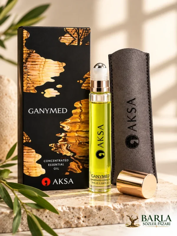 Aksa Ganymed Roll-on Esans 9 ml kutusu, şişesi ve gri kılıfı sade dekorla