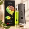 Aksa Gaza Roll-on Esans şişesi, siyah kutusu ve gri kılıfı sade dekorla