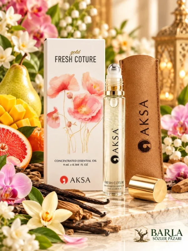 Aksa Gold Fresh Coture Roll-on Esans 9 ml kutusu ve kahverengi kılıflı şişesi