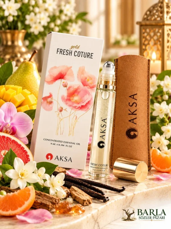 Aksa Gold Fresh Coture Roll-on Esans şişesi, kutusu ve kahverengi kılıfı
