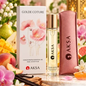 Aksa Golde Coture Roll-on Esans kutusu, şişesi ve pembe kılıfı