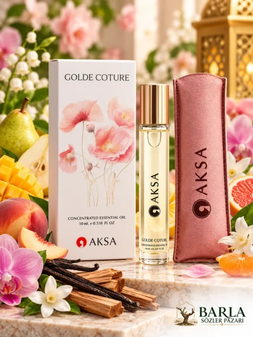 Aksa Golde Coture Roll-on Esans kutusu, şişesi ve pembe kılıfı