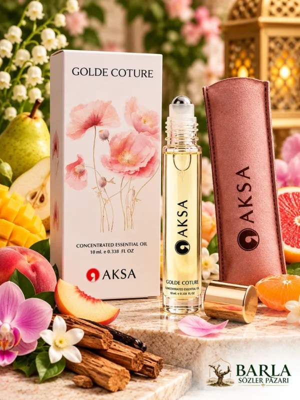 Aksa Golde Coture Roll-on Esans ürün kutusu, şişesi ve kılıfı detaylı görünüm