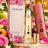 Aksa Gülpembe Roll-on Esans çiçekler ve meyveler eşliğinde ürün sunumu