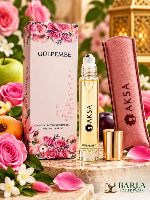 Aksa Gülpembe Roll-on Esans çiçekler ve meyveler eşliğinde ürün sunumu