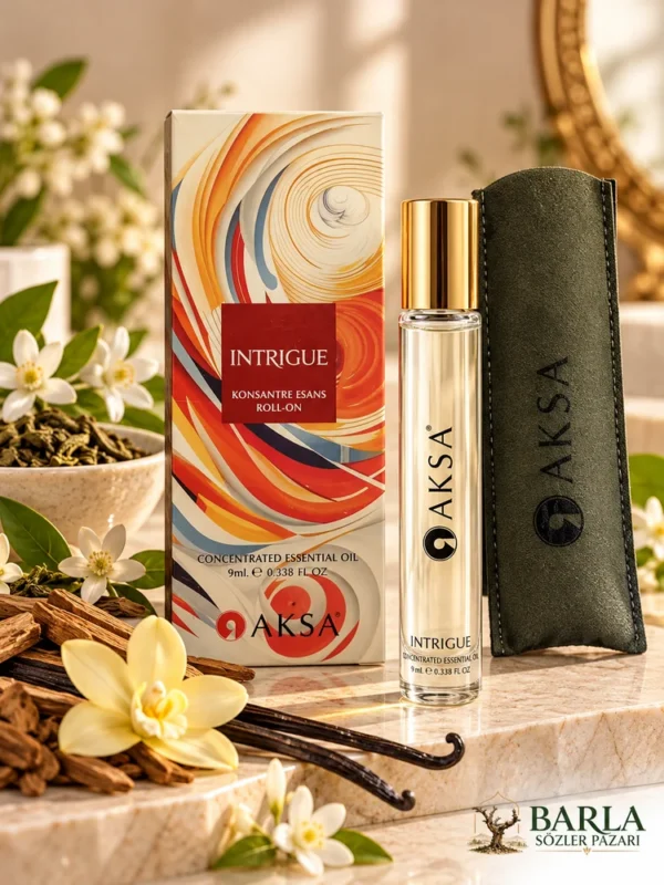 Aksa Intrigue Roll-on Esans kutusu ve ürün ambalajı