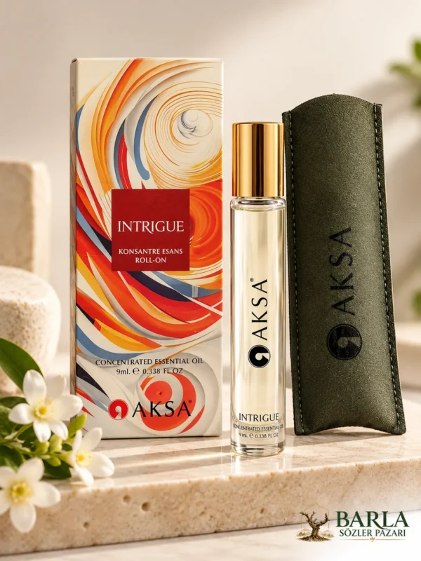 Aksa Intrigue Roll-on Esans kutusu ve roll-on şişesinin detaylı görünümü