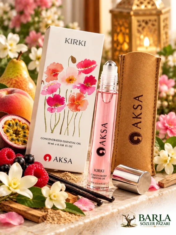 Aksa Kırkı Roll-on Esans şişesi, kutusu ve kahverengi kılıfı