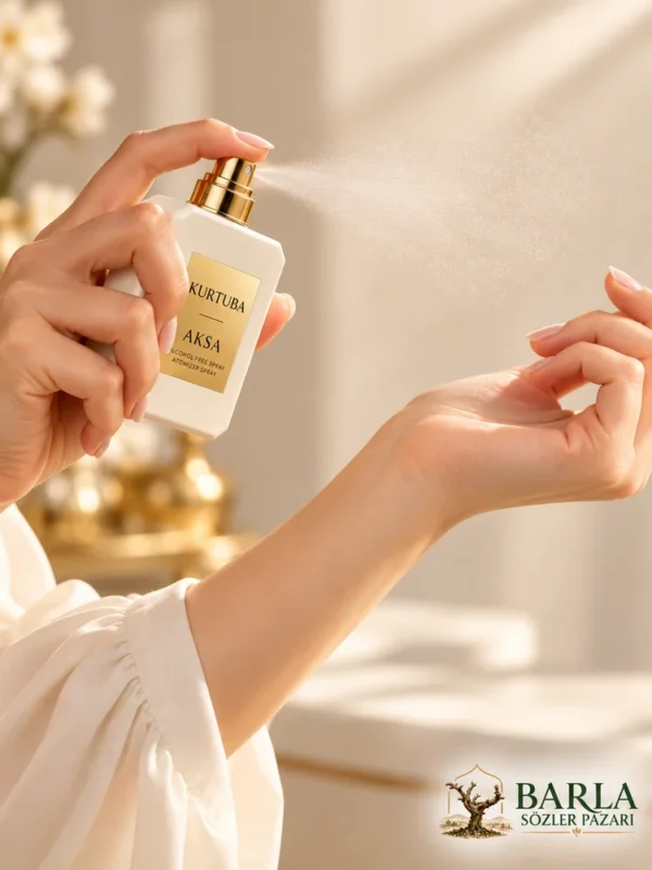 Aksa Kurtuba 50 ml alkolsüz parfüm spreyinin ele uygulanması