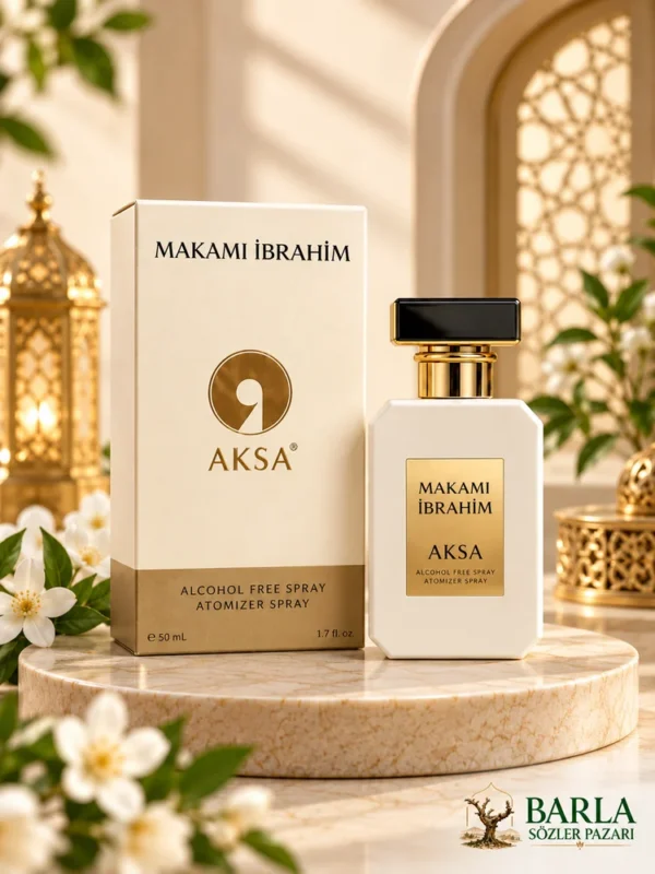 Aksa Makamı İbrahim 50 ml Alkolsüz Spreyli Parfüm kutusu ve şişesi