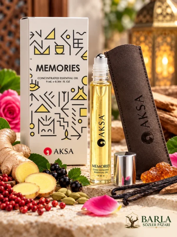 Aksa Memories roll-on esans 9 ml ambalajı ve koruyucu kılıfı