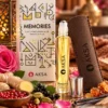 Aksa Memories 9 ml esans şişesi, kutusu ve koku temalı ürün sunumu
