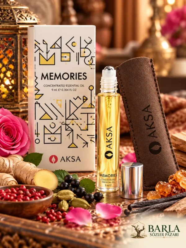 Aksa Memories 9 ml esans şişesi, kutusu ve koku temalı ürün sunumu