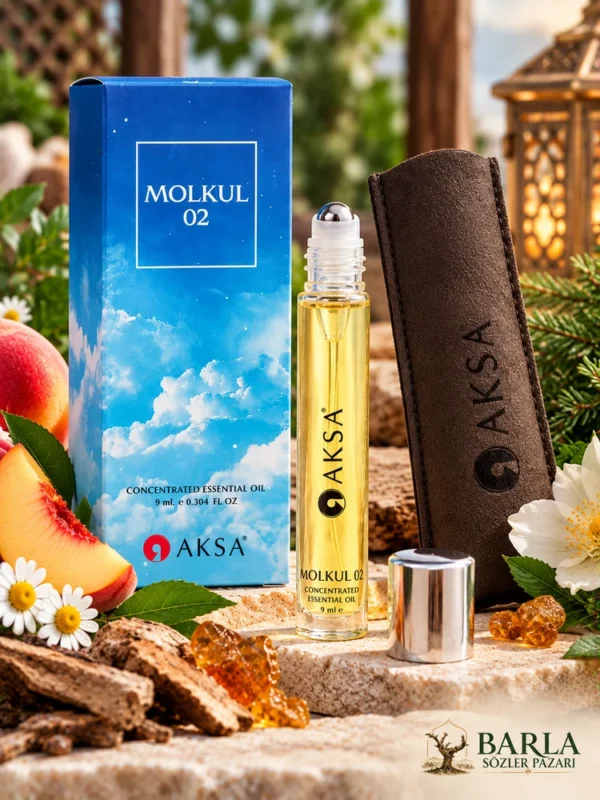 Aksa Molkul 02 Roll-On Esans şişesi, kutusu ve gümüş renkli kapağı