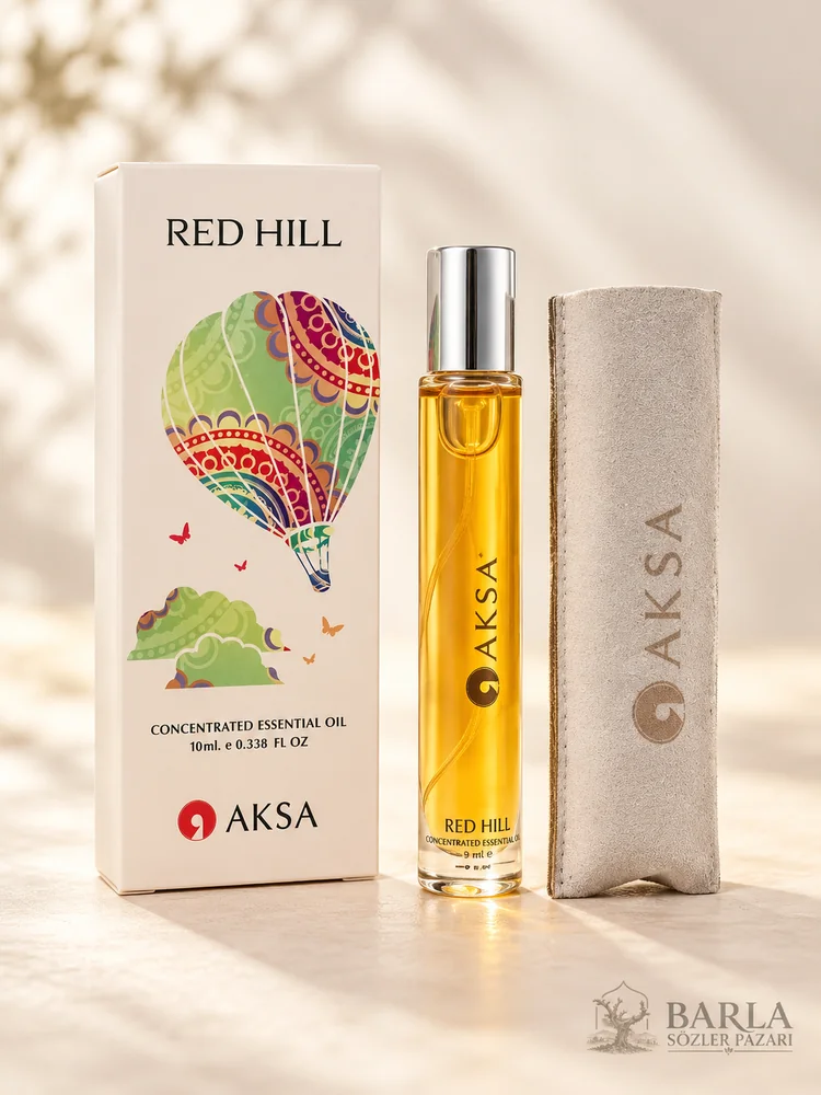 Aksa RED HILL 9 ml Roll-On Esans kutusu ve amber renkli esans şişesi