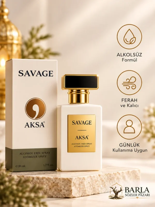 Aksa Savage 50 ml alkolsüz parfüm spreyinin pratik sprey başlığıyla kullanımını gösteren görsel. Günlük kişisel koku rutini için tasarlanmış ürün.