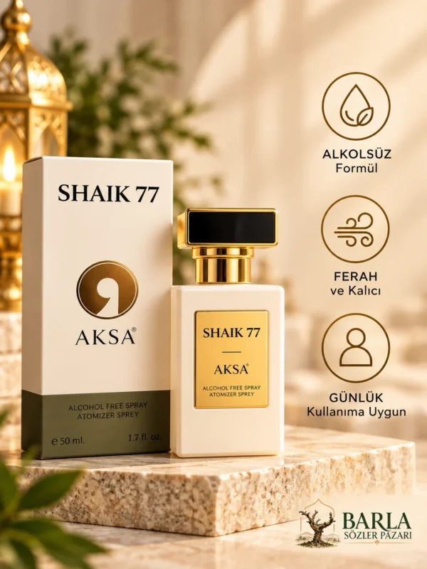 Aksa Shaik 77 50 ml alkolsüz parfüm spreyi özellikleri ve ürün ambalajı