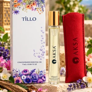 Aksa Tillo Roll-On Esans 9 ml kutusu, şişesi ve kırmızı taşıma kılıfı