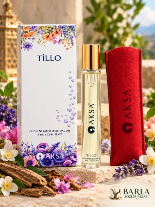 Aksa Tillo Roll-On Esans 9 ml kutusu, şişesi ve kırmızı taşıma kılıfı