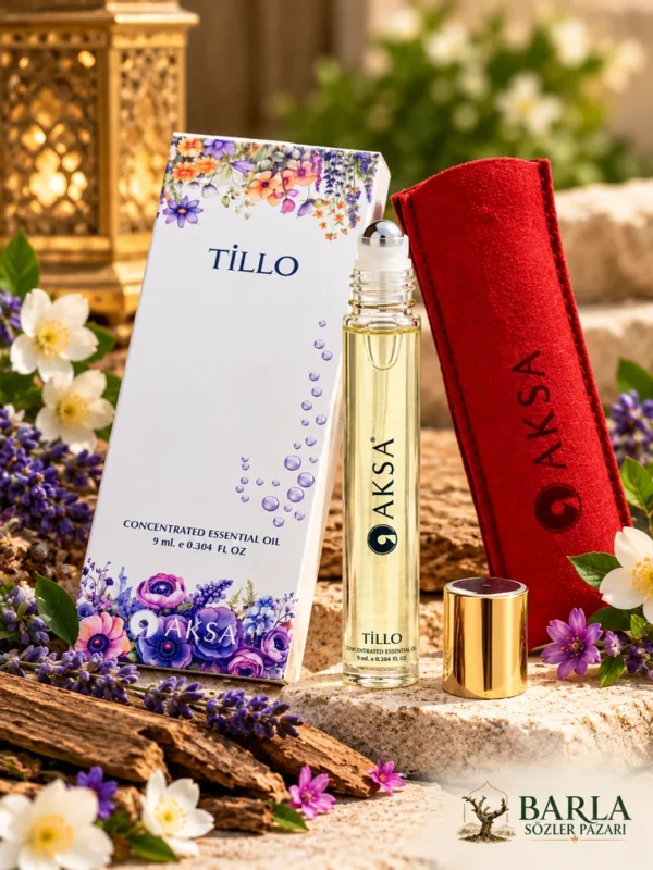 Aksa Tillo Roll-On Esans kutusu, şişesi ve taşıma kılıfının detaylı görünümü