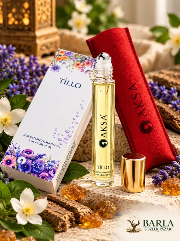 Aksa Tillo Roll-On Esans şişesi, uygulama başlığı ve ambalaj detayları